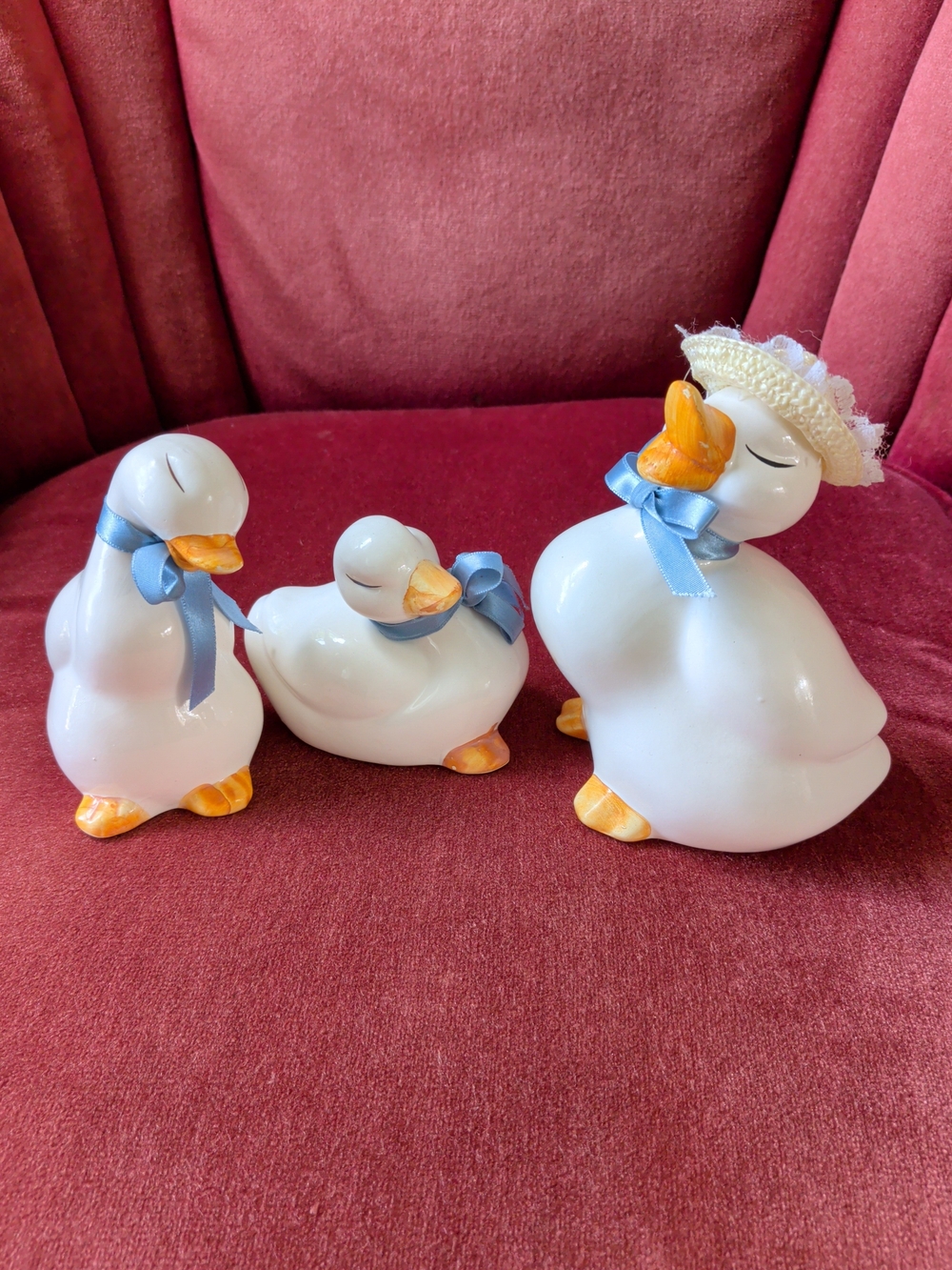 Set of 3 Vintage White Ceramic Duck Figurines with Blue Bows And Hat